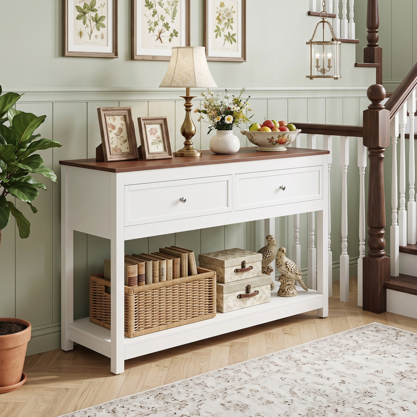 Table console de ferme, 2 tiroirs, étagère, blanc