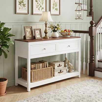 Table console de ferme, 2 tiroirs, étagère, blanc
