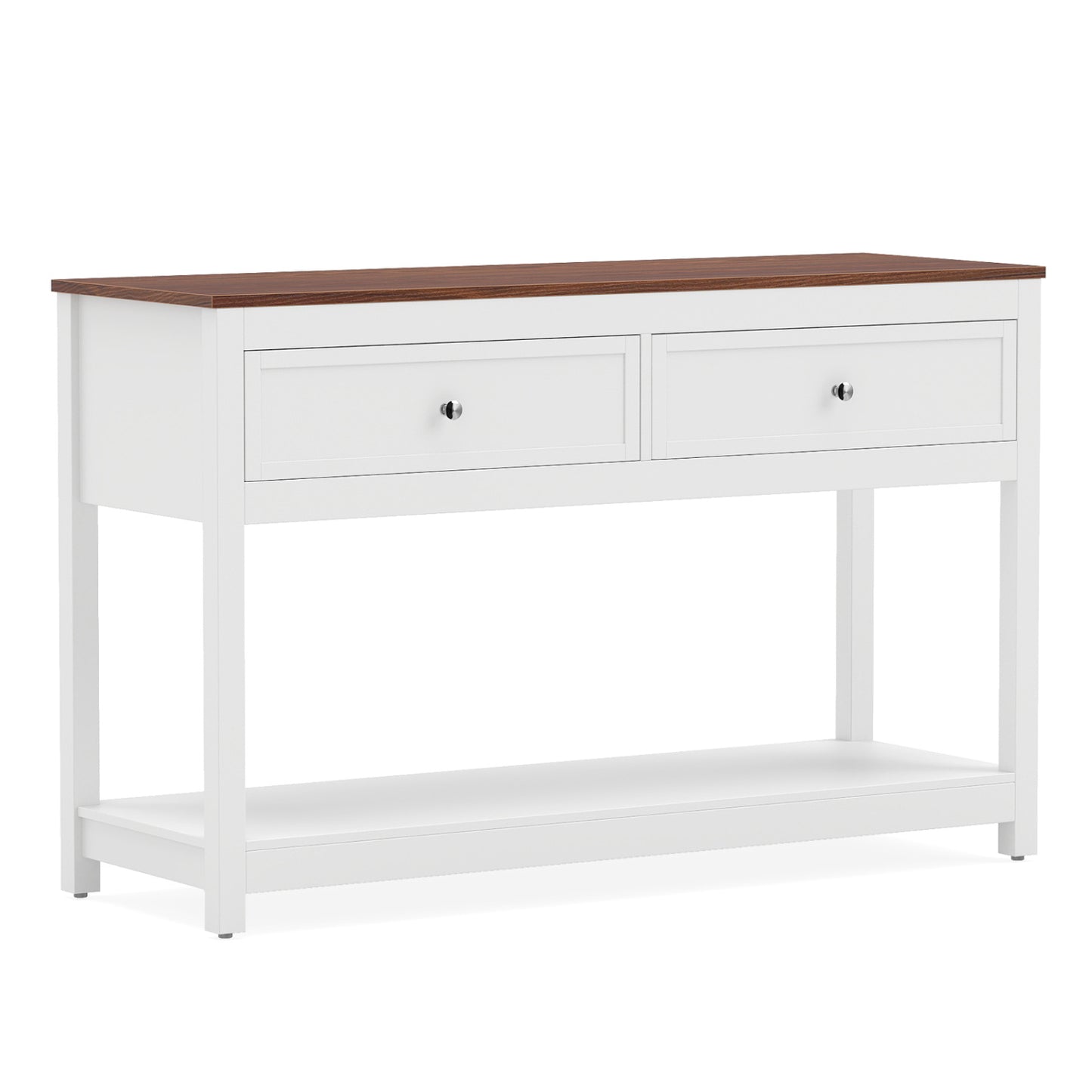 Table console de ferme, 2 tiroirs, étagère, blanc