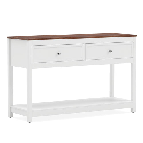 Farmhouse Console Table, 2 Drawers, Shelf, White
