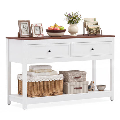 Table console de ferme, 2 tiroirs, étagère, blanc