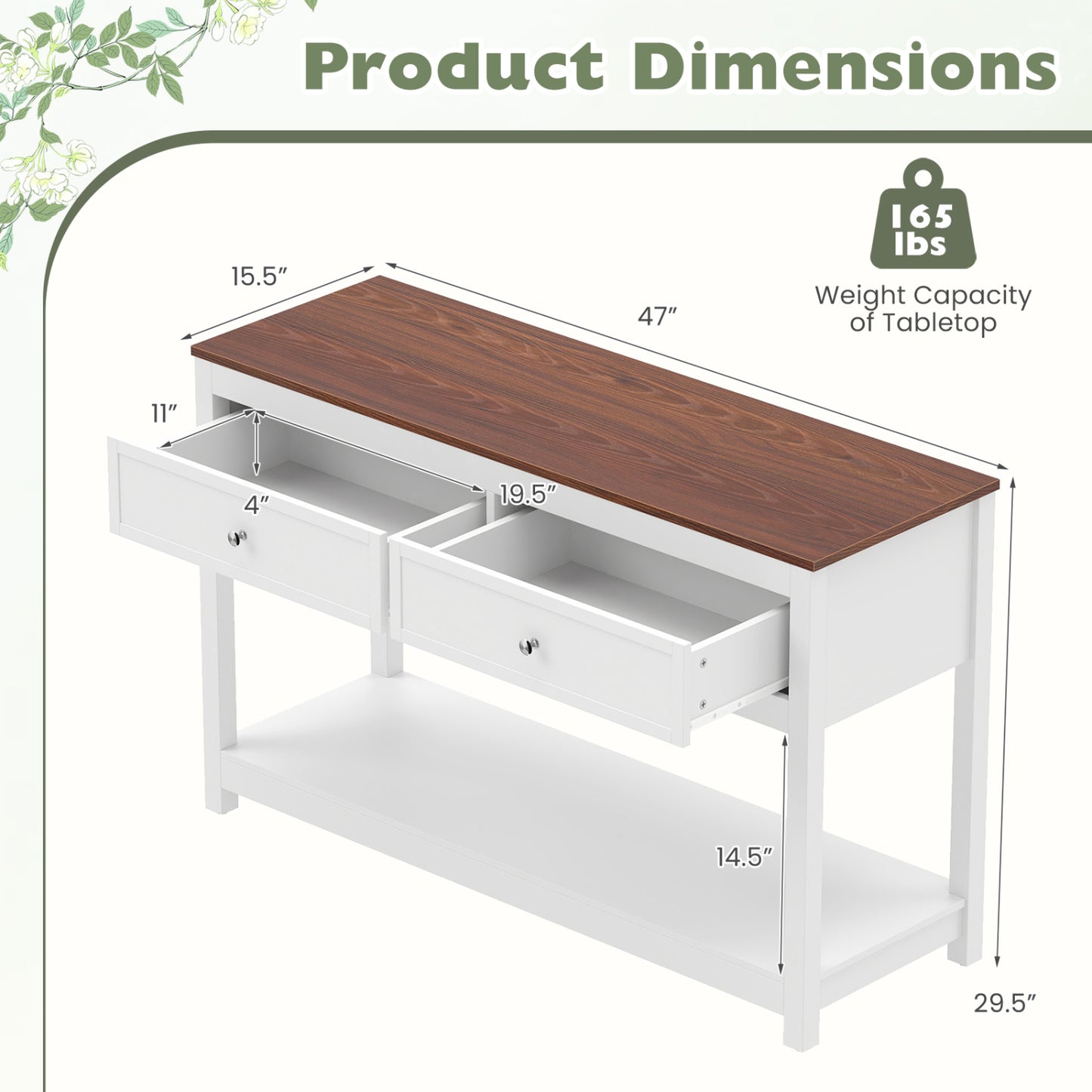Table console de ferme, 2 tiroirs, étagère, blanc