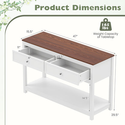 Table console de ferme, 2 tiroirs, étagère, blanc