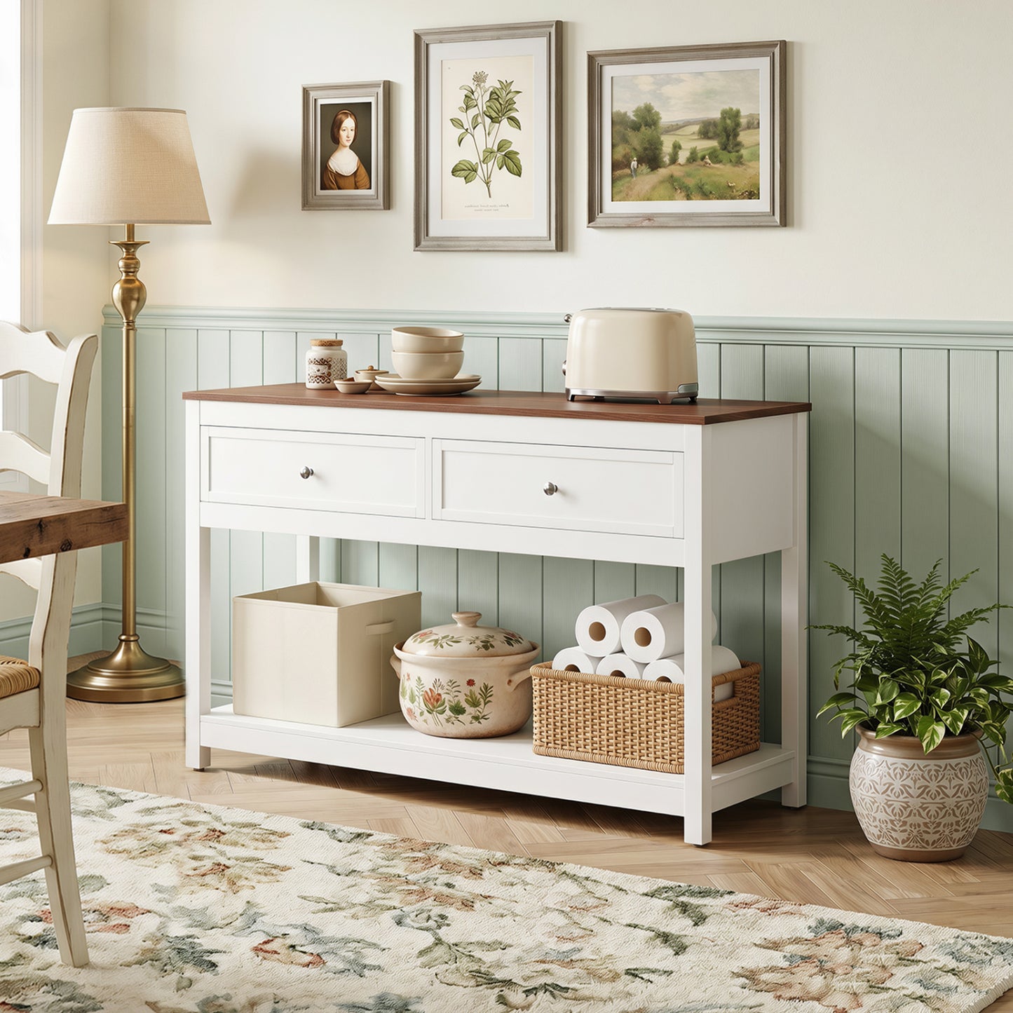 Table console de ferme, 2 tiroirs, étagère, blanc