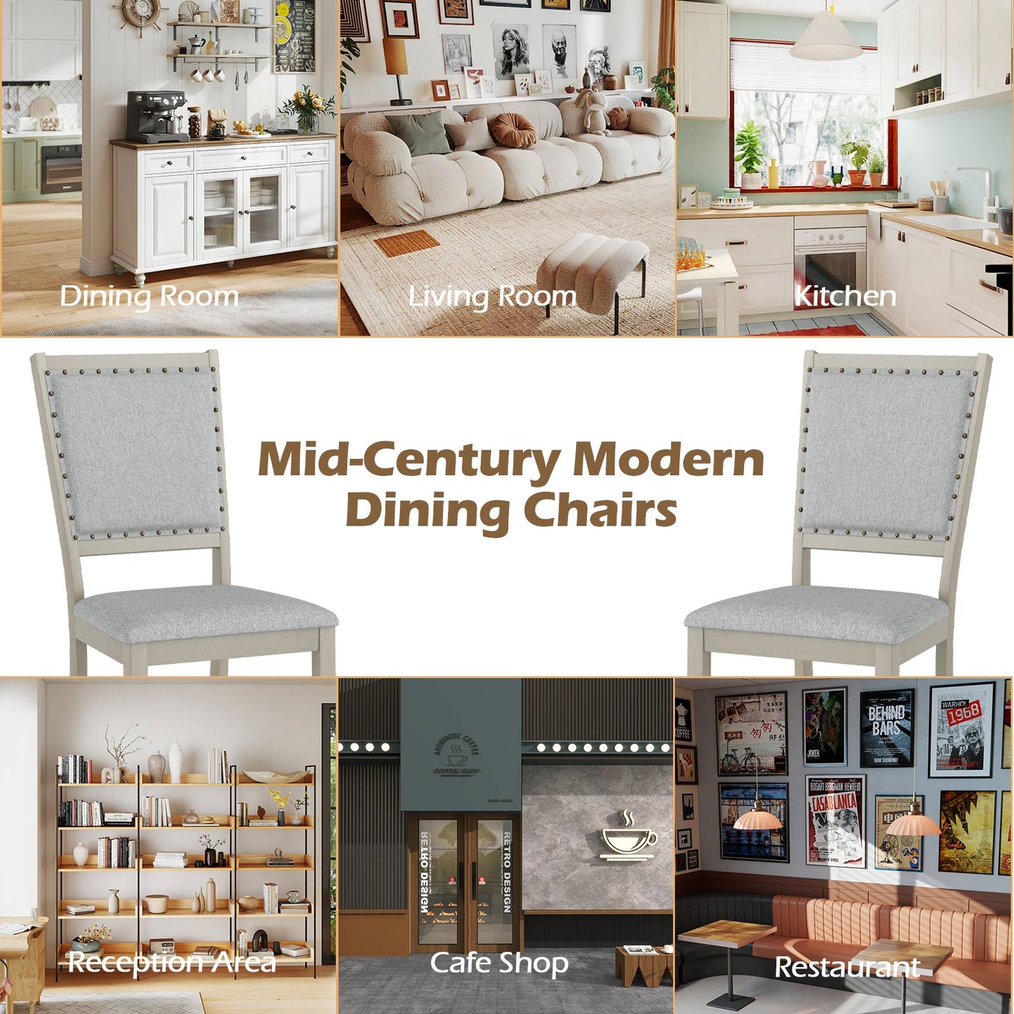 Farmhouse Dining Chair Set of 2 Fabric Upholstered Kitchen Chairs-Grey, Gray Dining Chairs at Gallery Canada