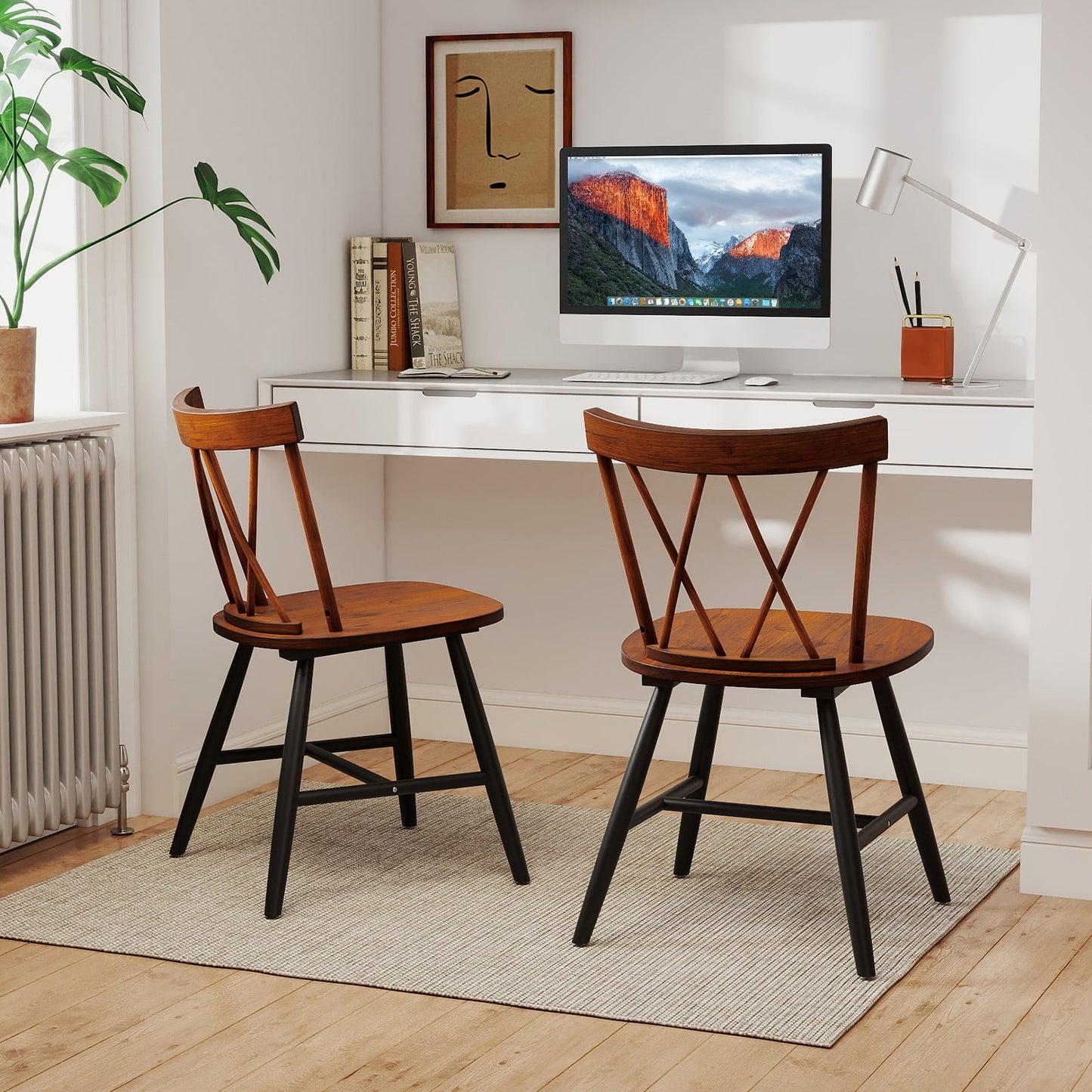 Farmhouse Kitchen Dining Chair Set of 2 with Rubber Wood Frame, Dark Brown