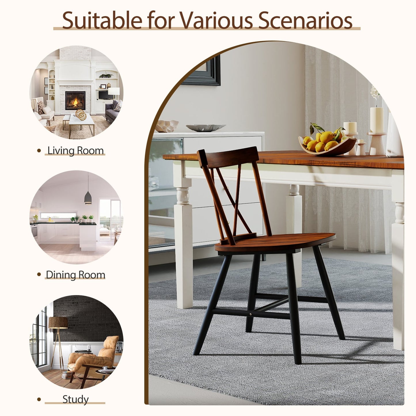 Farmhouse Kitchen Dining Chair Set of 2 with Rubber Wood Frame, Dark Brown