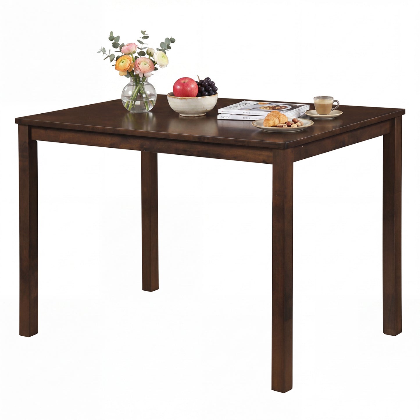 Farmhouse Kitchen Table for 4, Solid Rubber Wood, Brown