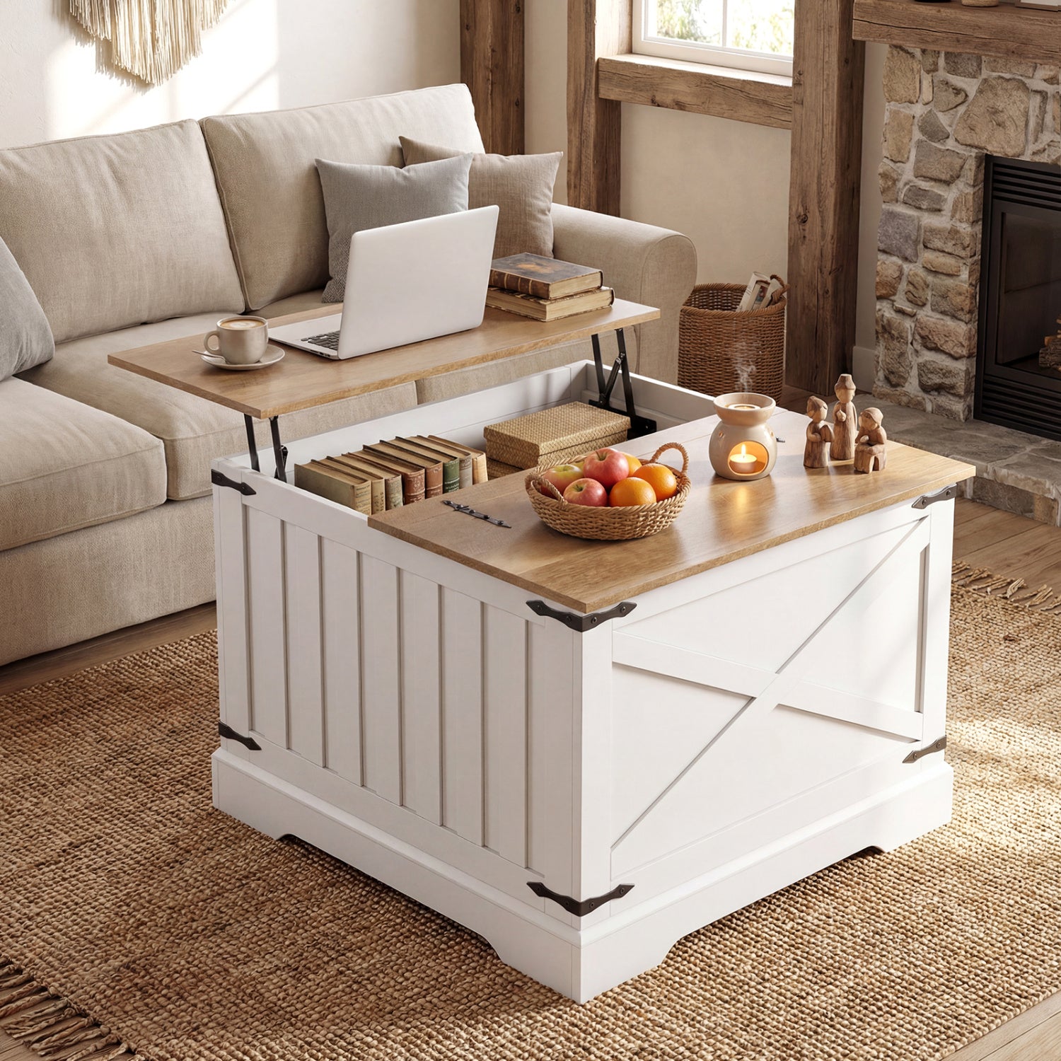 Farmhouse Lift Top Coffee Table with Hidden Storage Compartment, Brown Coffee Tables at Gallery Canada