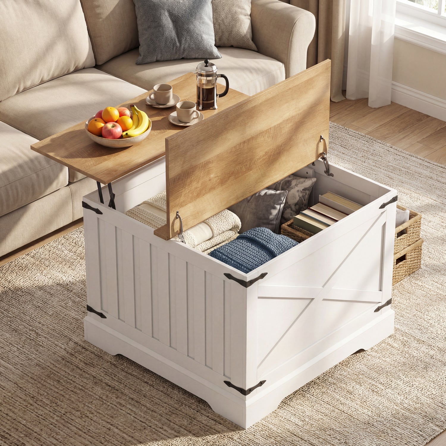 Farmhouse Lift Top Coffee Table with Hidden Storage Compartment, Brown Coffee Tables at Gallery Canada