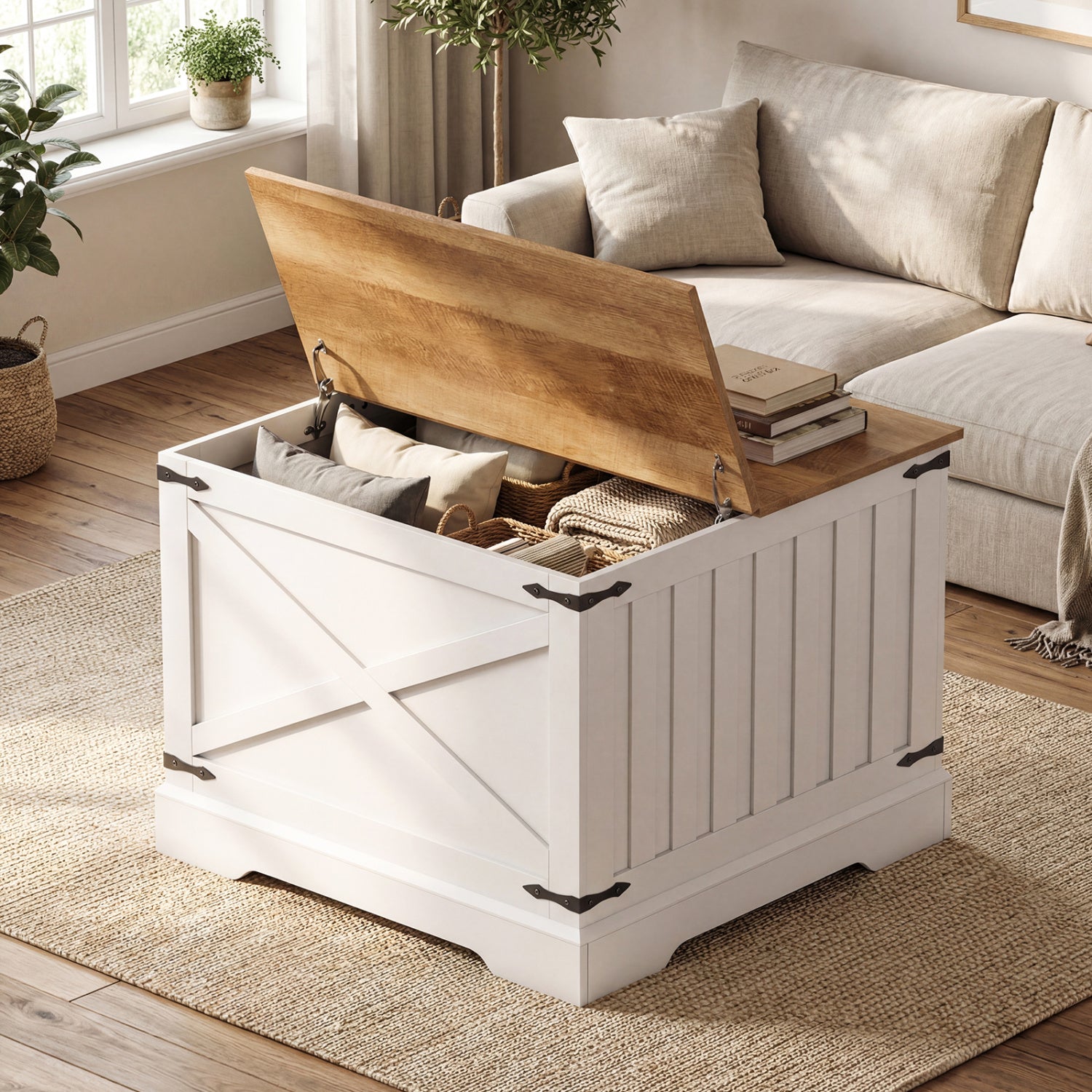 Farmhouse Lift Top Coffee Table with Hidden Storage Compartment, Brown Coffee Tables at Gallery Canada