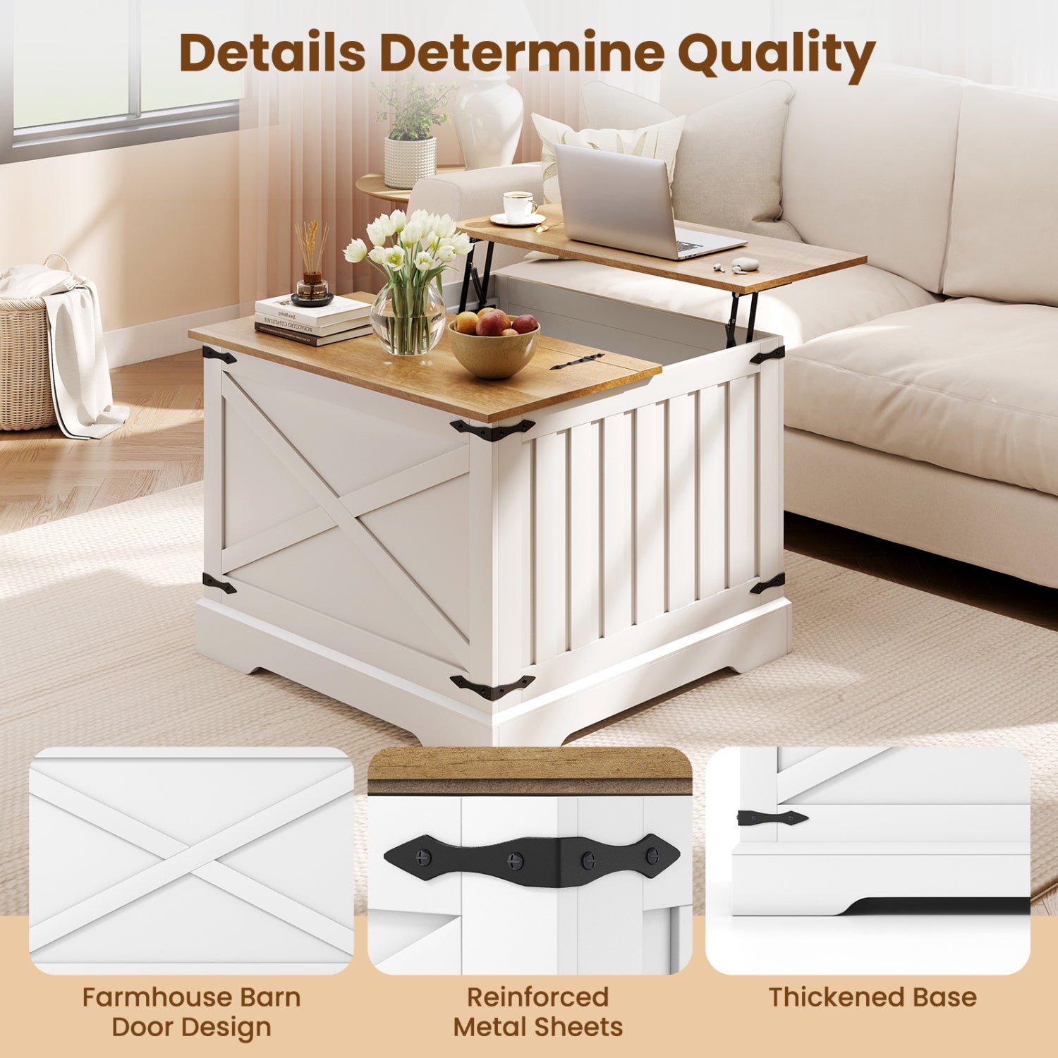 Farmhouse Lift Top Coffee Table with Hidden Storage Compartment, Brown Coffee Tables at Gallery Canada