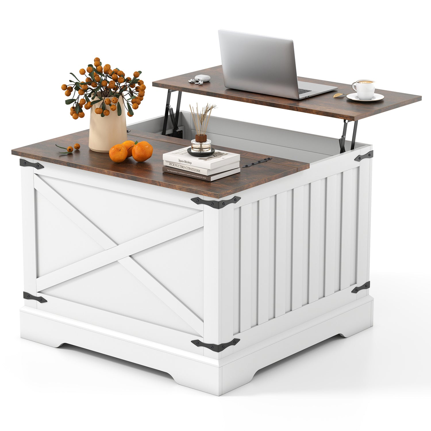Farmhouse Lift Top Coffee Table with Hidden Storage Compartment, Rustic Brown Coffee Tables at Gallery Canada