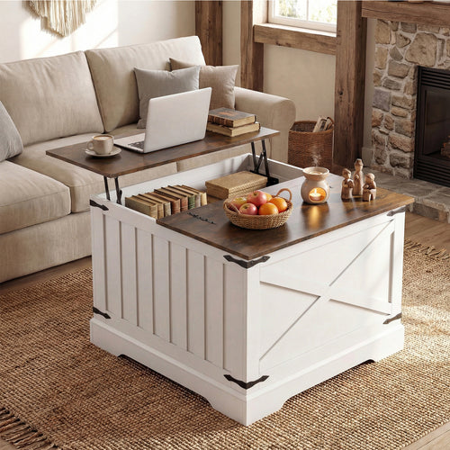 Farmhouse Lift Top Coffee Table with Hidden Storage Compartment, Rustic Brown