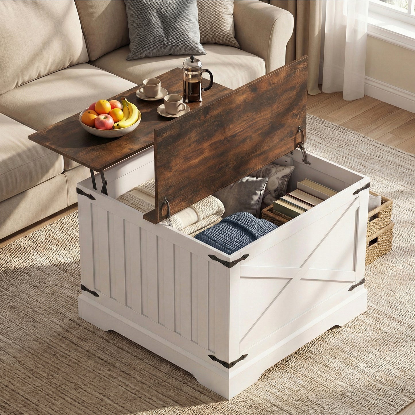 Farmhouse Lift Top Coffee Table with Hidden Storage Compartment, Rustic Brown Coffee Tables at Gallery Canada