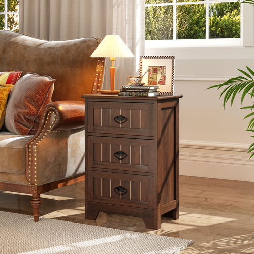 Farmhouse Nightstand with 3 Storage Drawers and Handles, Walnut