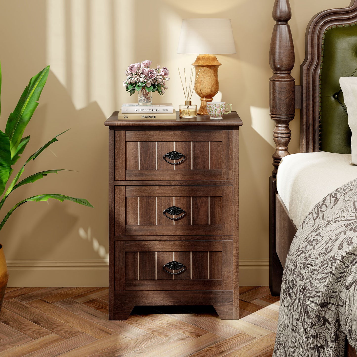 Farmhouse Nightstand with 3 Storage Drawers and Handles, Walnut Nightstands at Gallery Canada