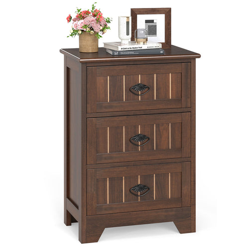 Farmhouse Nightstand with 3 Storage Drawers and Handles, Walnut
