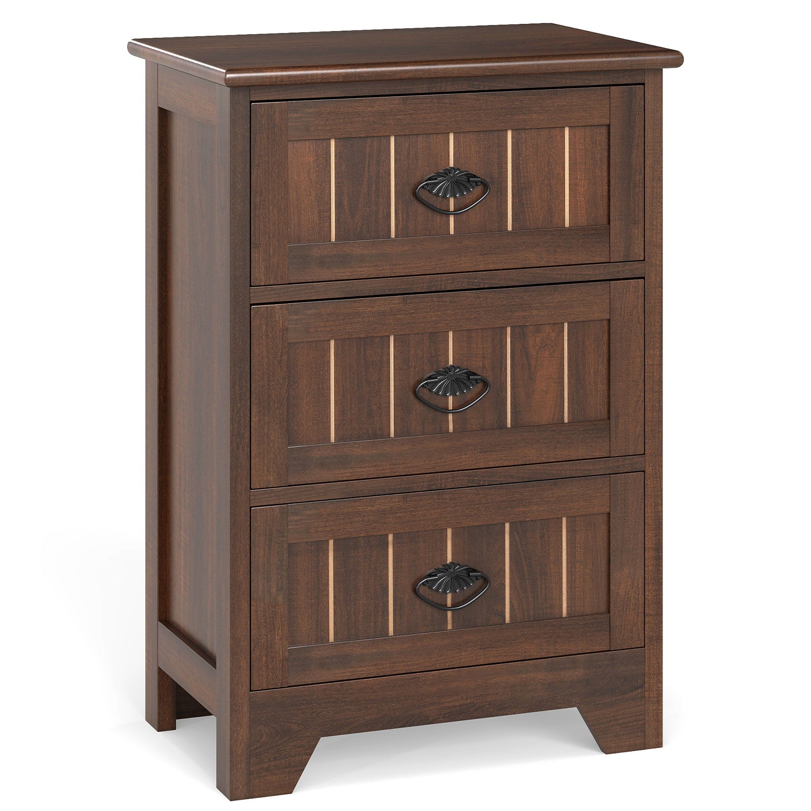 Farmhouse Nightstand with 3 Storage Drawers and Handles, Walnut Nightstands at Gallery Canada