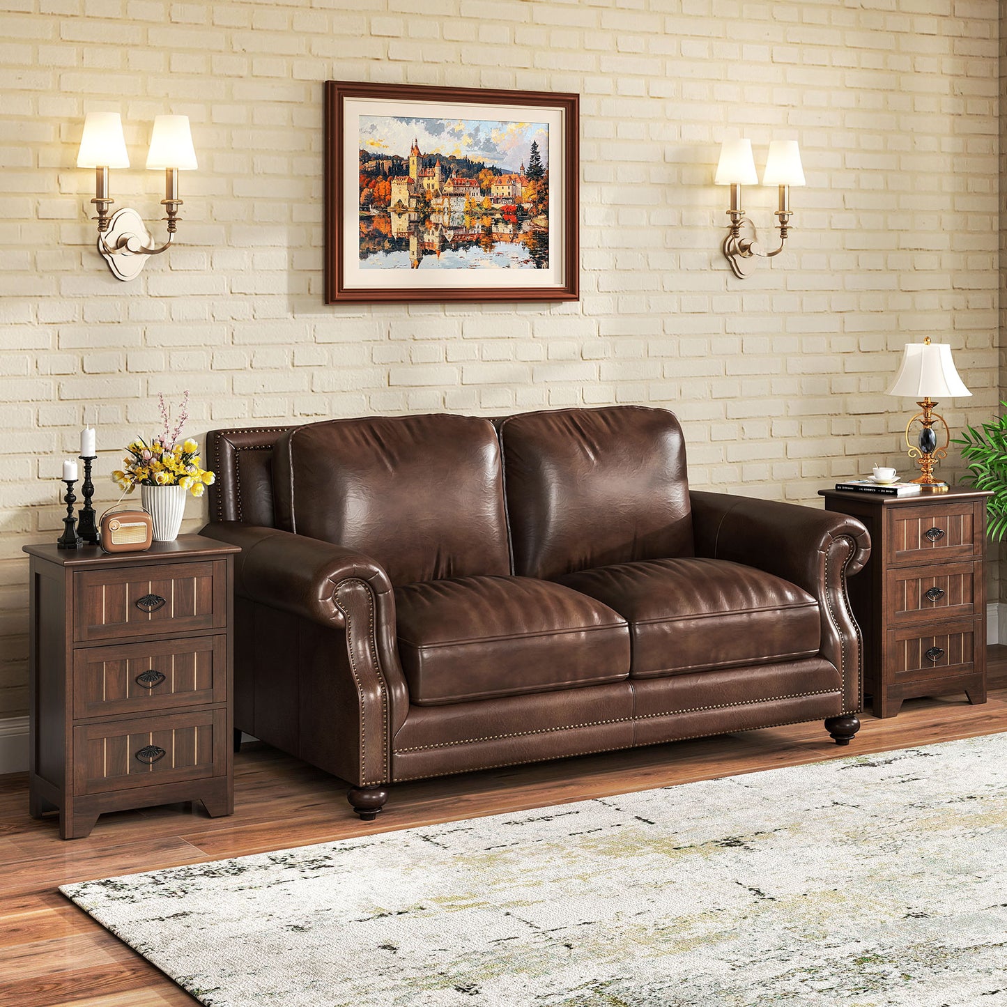 Farmhouse Nightstand with 3 Storage Drawers and Handles, Walnut Nightstands at Gallery Canada