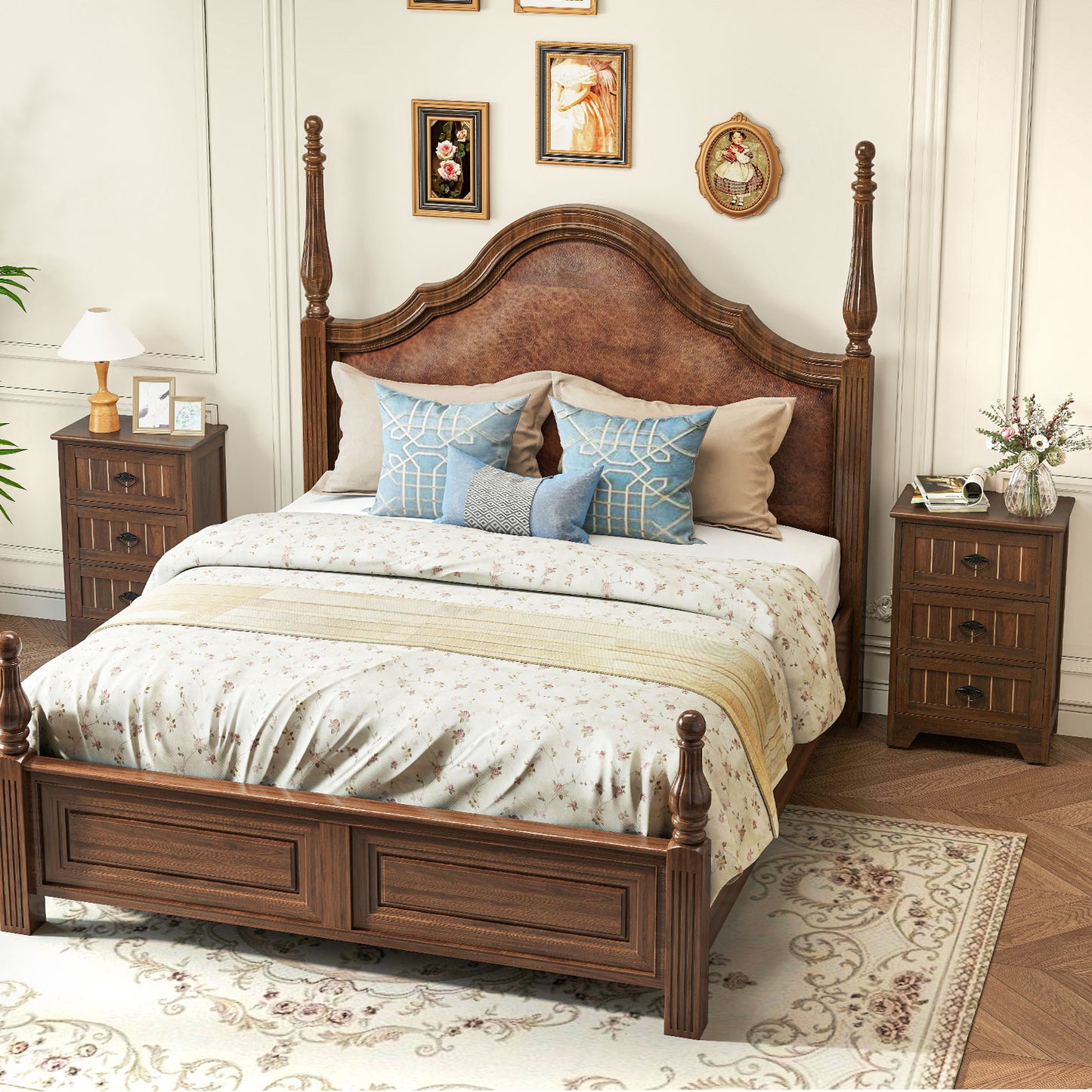 Farmhouse Nightstand with 3 Storage Drawers and Handles, Walnut Nightstands at Gallery Canada