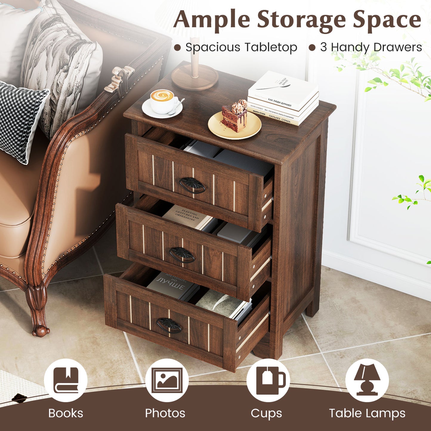 Farmhouse Nightstand with 3 Storage Drawers and Handles, Walnut Nightstands at Gallery Canada