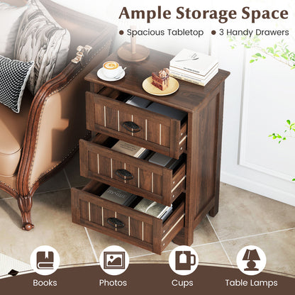 Farmhouse Nightstand with 3 Storage Drawers and Handles, Walnut Nightstands at Gallery Canada