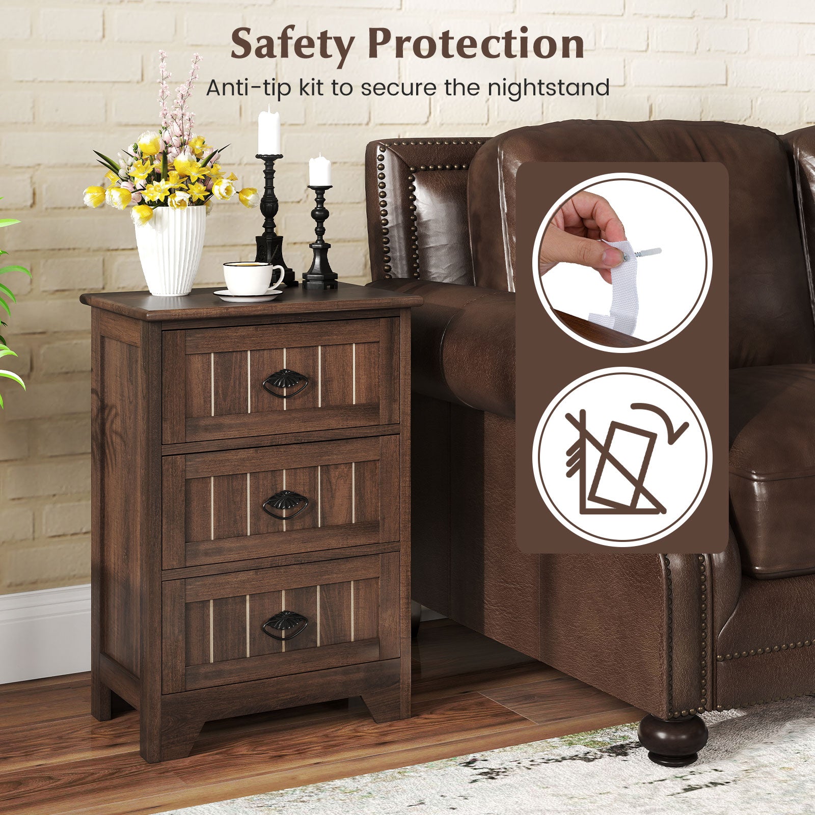 Farmhouse Nightstand with 3 Storage Drawers and Handles, Walnut Nightstands at Gallery Canada