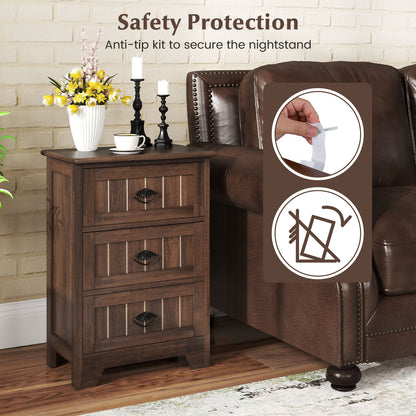 Farmhouse Nightstand with 3 Storage Drawers and Handles, Walnut Nightstands at Gallery Canada