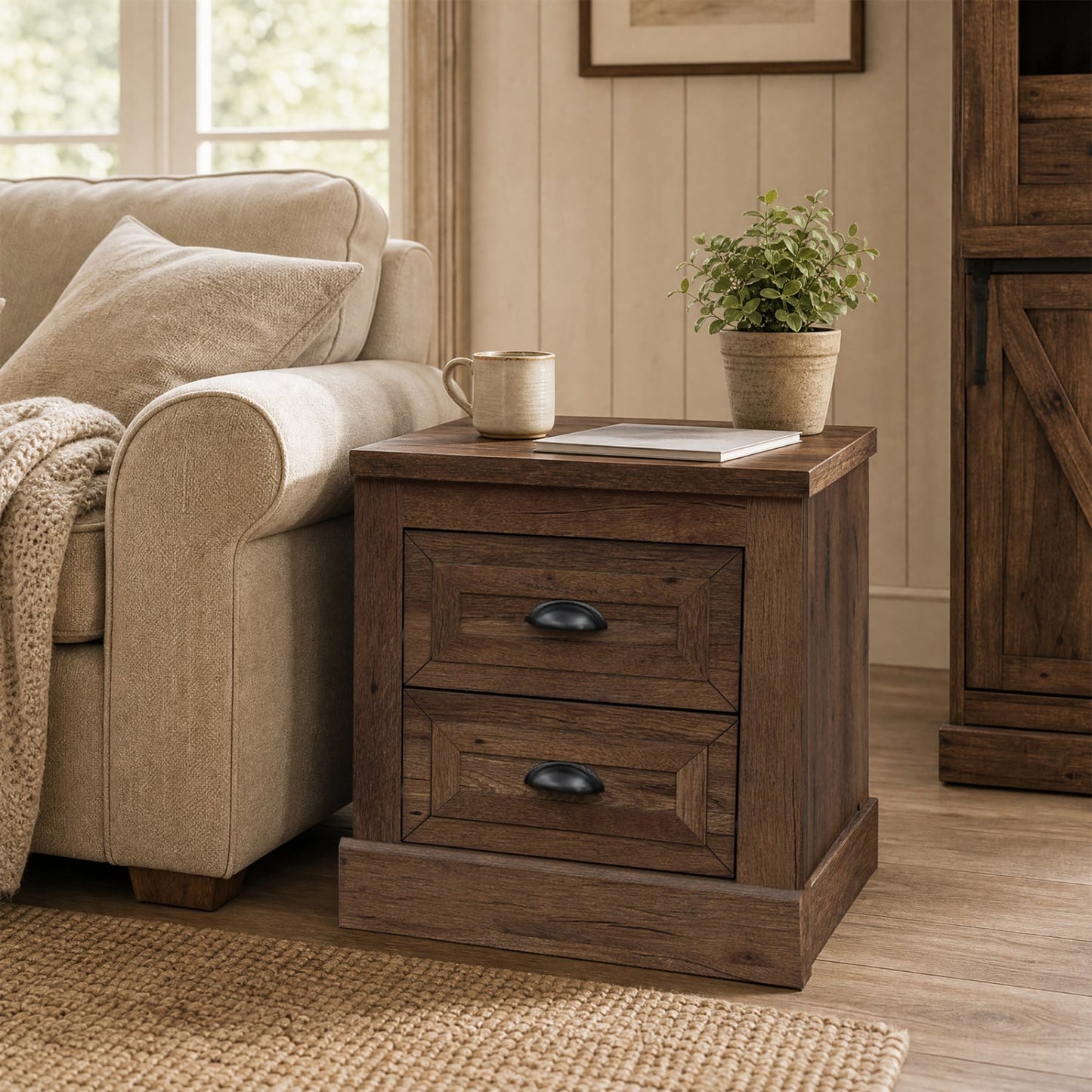Farmhouse Nightstand with 2 Drawers, Brown
