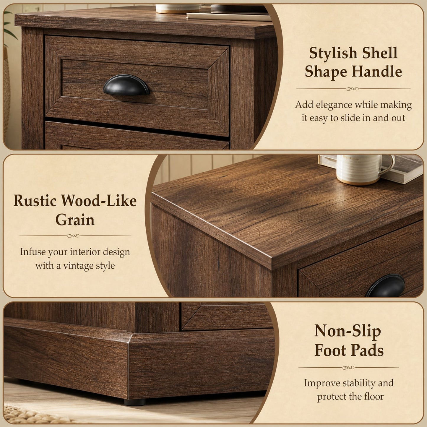 Farmhouse Nightstand with 2 Drawers, Brown