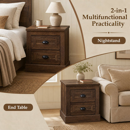 Farmhouse Nightstand with 2 Drawers, Brown