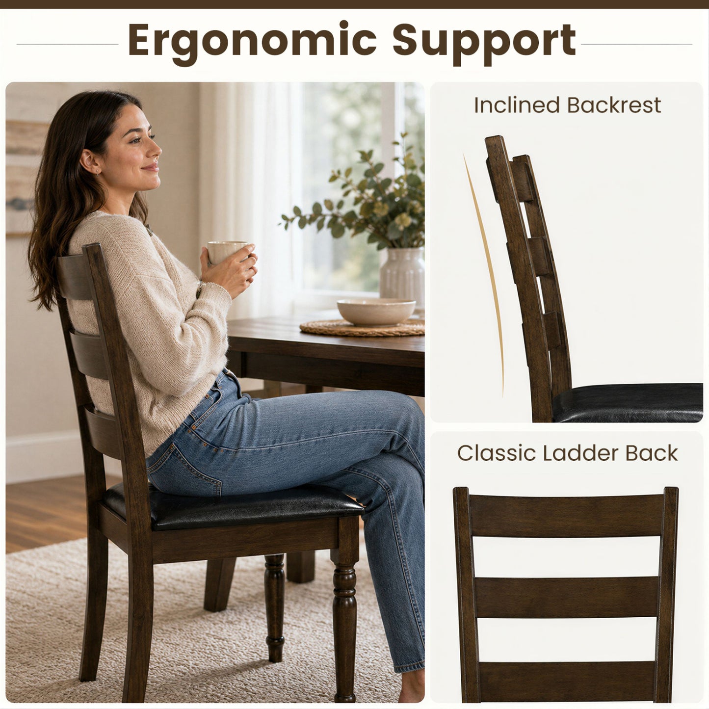 Farmhouse PU Leather Dining Chairs Set of 4, Brown
