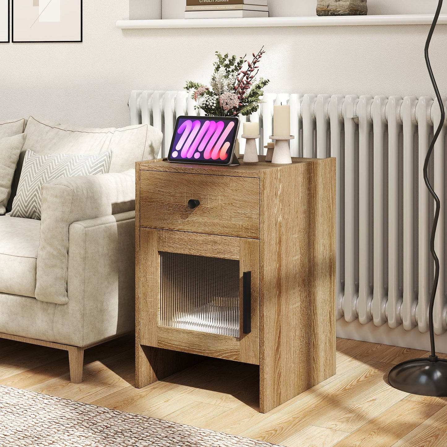 Farmhouse Sofa Side Table, Drawer And Cabinet, Antique Brush, Natural, White End & Side Tables at Gallery Canada