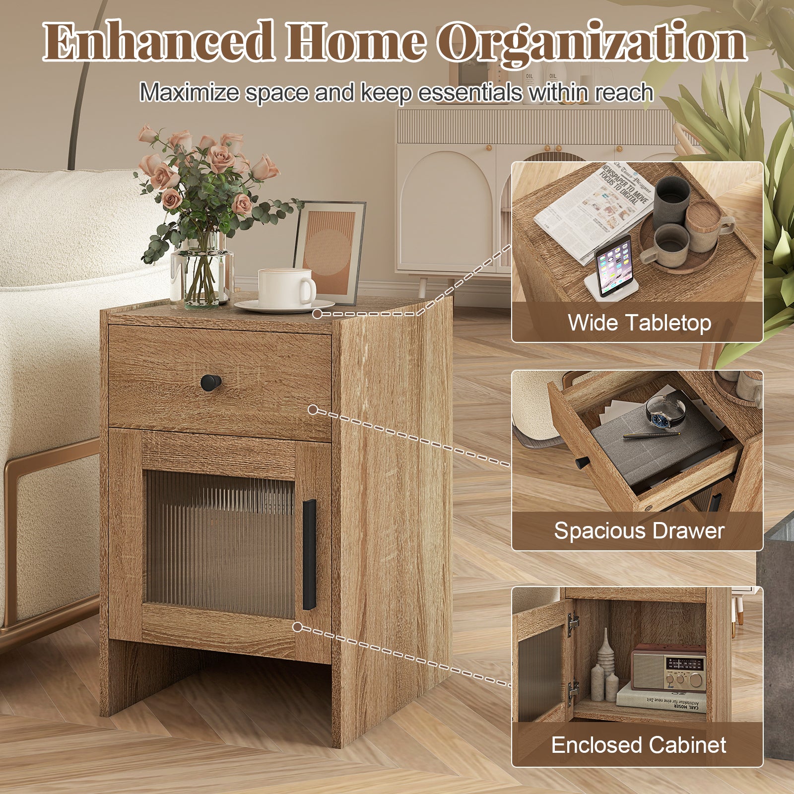 Farmhouse Sofa Side Table, Drawer And Cabinet, Antique Brush, Natural, White End & Side Tables at Gallery Canada