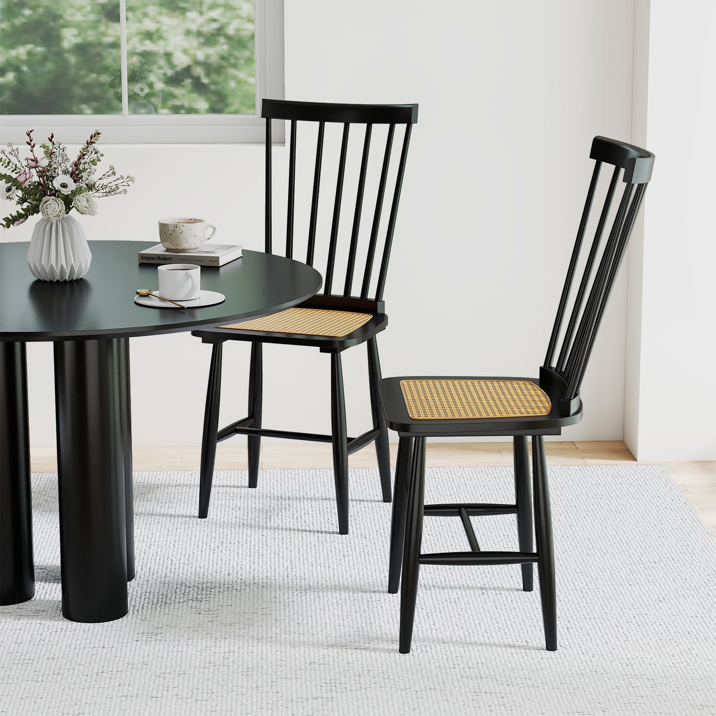 Farmhouse Solid Rubber Wood Dining Chairs Set of 2 with PE Rattan Seats, Black Dining Chairs at Gallery Canada