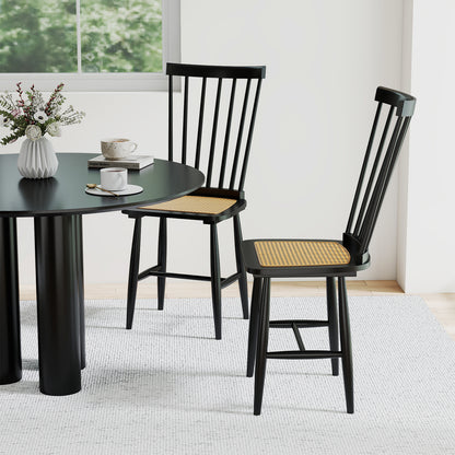 Farmhouse Solid Rubber Wood Dining Chairs Set of 2 with PE Rattan Seats, Black Dining Chairs at Gallery Canada