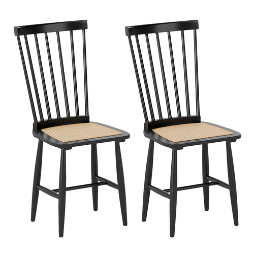 Farmhouse Solid Rubber Wood Dining Chairs Set of 2 with PE Rattan Seats, Black