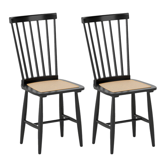 Farmhouse Solid Rubber Wood Dining Chairs Set of 2 with PE Rattan Seats, Black