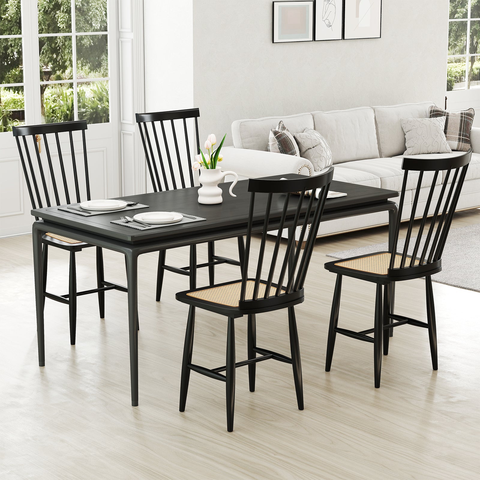 Farmhouse Solid Rubber Wood Dining Chairs Set of 2 with PE Rattan Seats, Black Dining Chairs at Gallery Canada