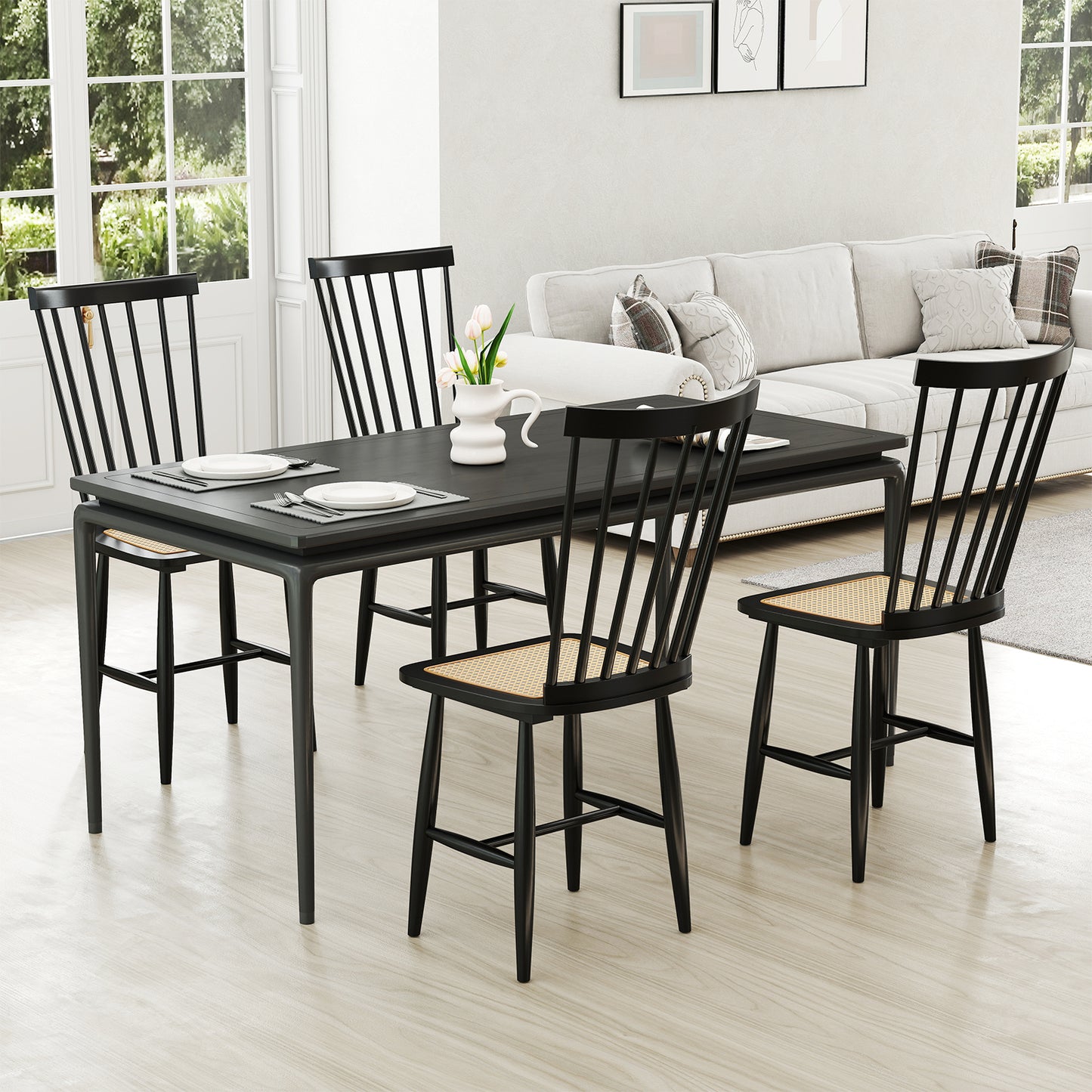 Farmhouse Solid Rubber Wood Dining Chairs Set of 2 with PE Rattan Seats, Black Dining Chairs at Gallery Canada