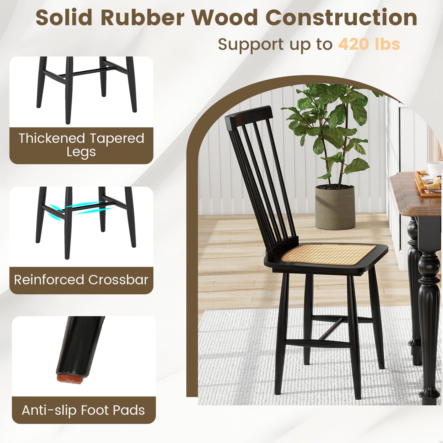 Farmhouse Solid Rubber Wood Dining Chairs Set of 2 with PE Rattan Seats, Black Dining Chairs at Gallery Canada