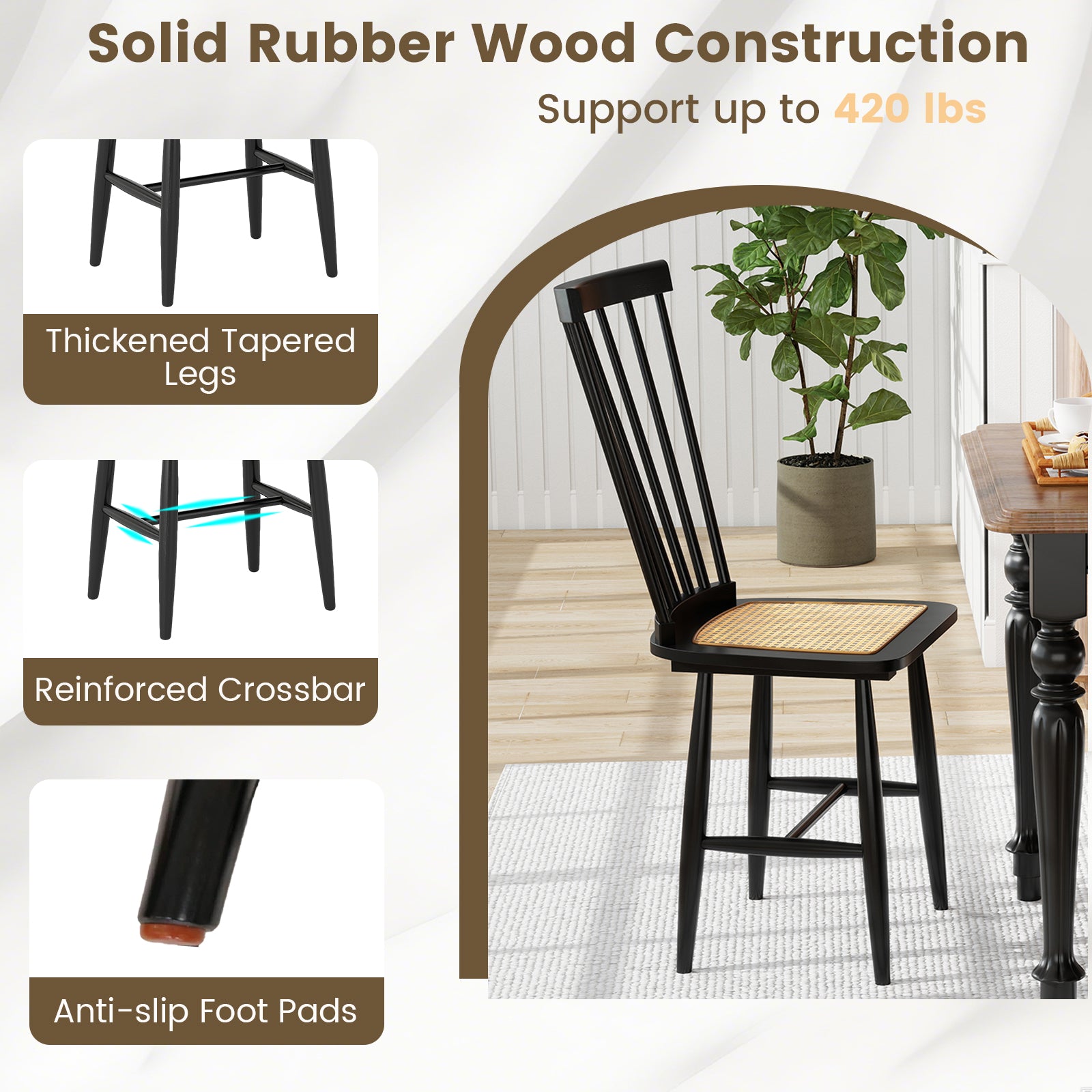 Farmhouse Solid Rubber Wood Dining Chairs Set of 2 with PE Rattan Seats, Black Dining Chairs at Gallery Canada