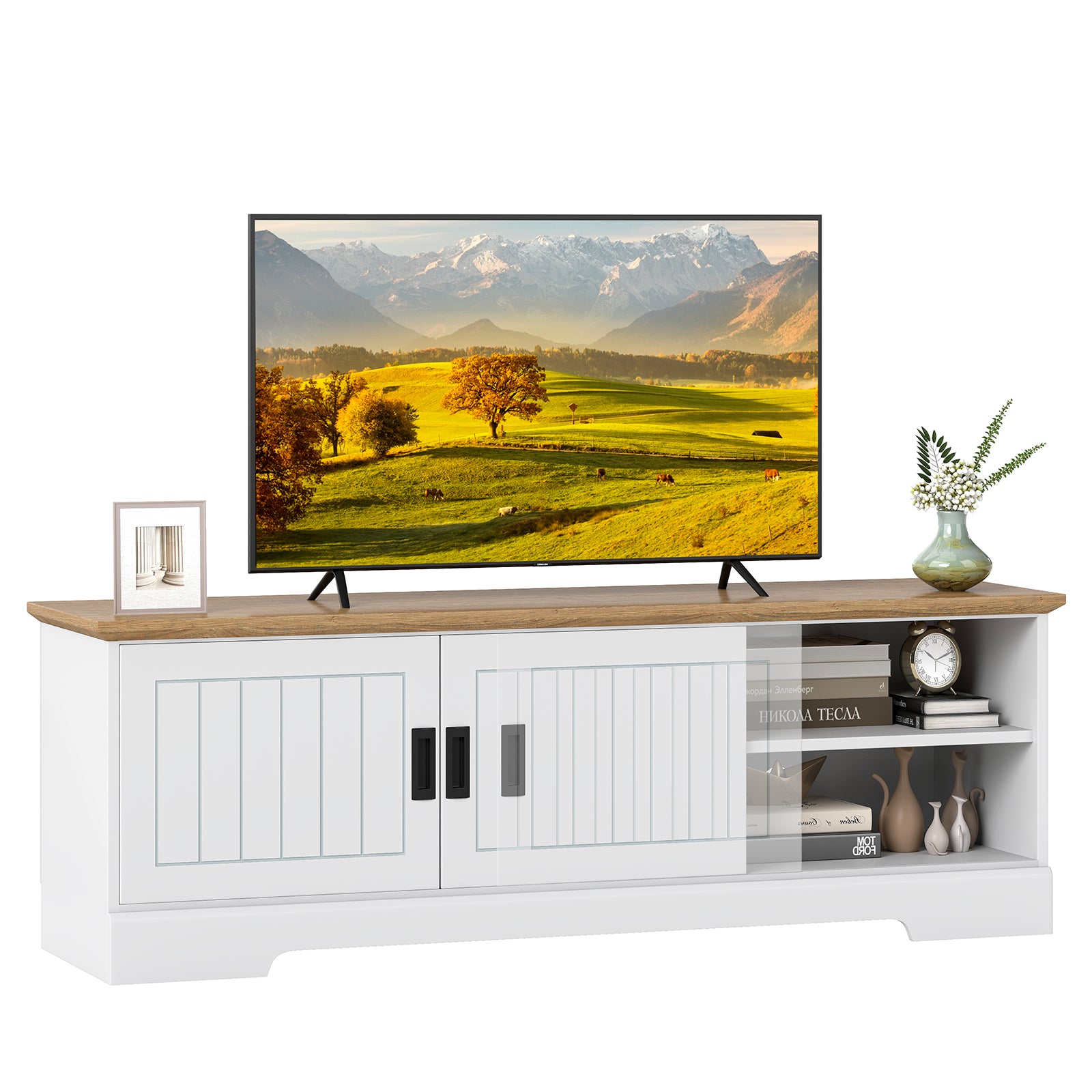 Farmhouse TV Stand for TVs up to 65 Inch with Sliding Doors and Storage Cabinets, White Entertainment Centers & TV Stands at Gallery Canada