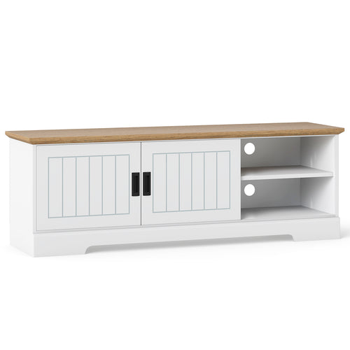 Farmhouse TV Stand For 65 Inch TVs, Sliding Doors, Storage Cabinets, White