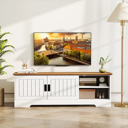 Farmhouse TV Stand for TVs up to 65 Inch with Sliding Doors and Storage Cabinets, White Entertainment Centers & TV Stands at Gallery Canada