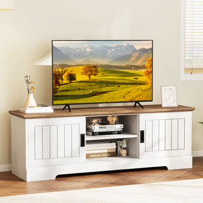 Farmhouse TV Stand for TVs up to 65 Inch with Sliding Doors and Storage Cabinets, White Entertainment Centers & TV Stands at Gallery Canada