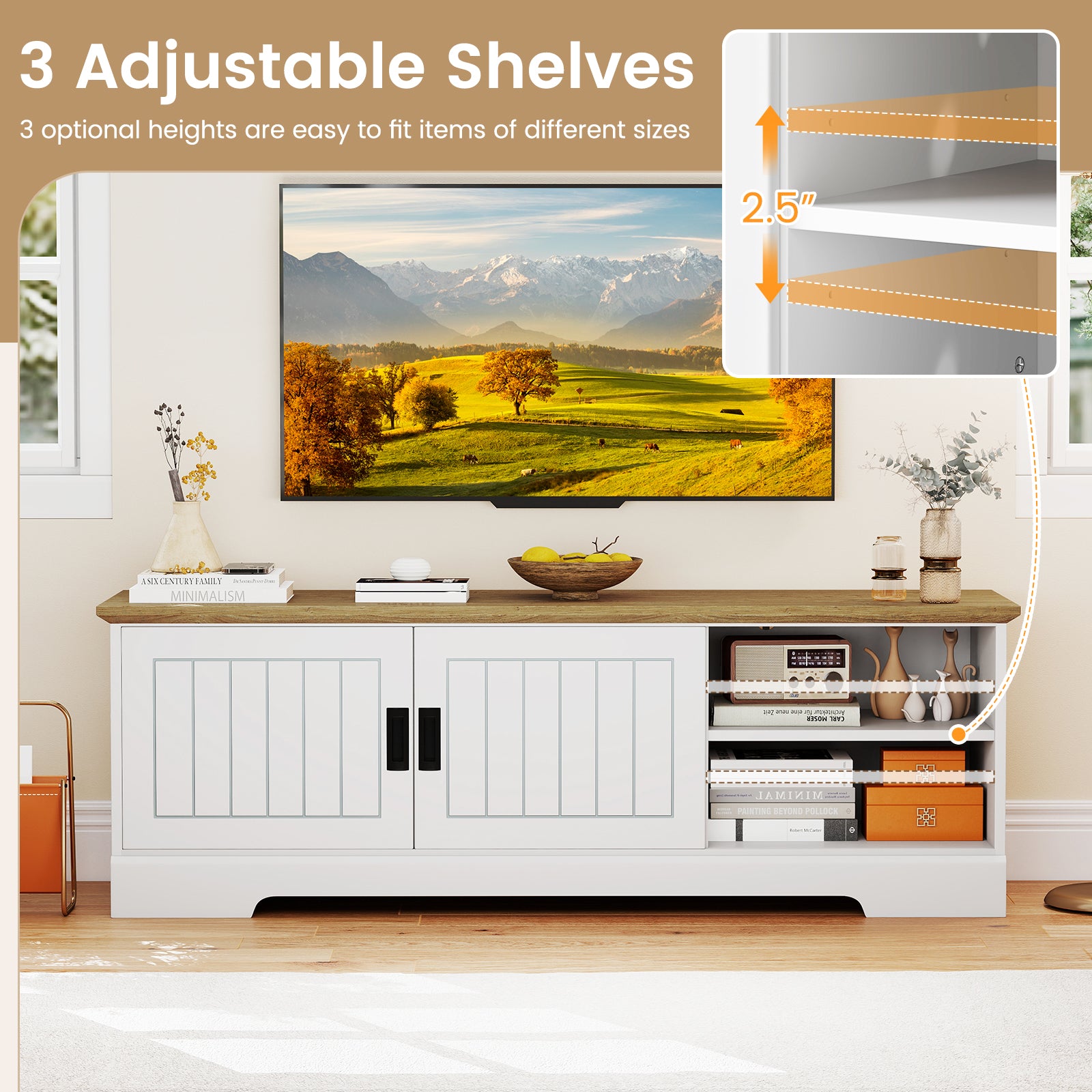 Farmhouse TV Stand for TVs up to 65 Inch with Sliding Doors and Storage Cabinets, White Entertainment Centers & TV Stands at Gallery Canada