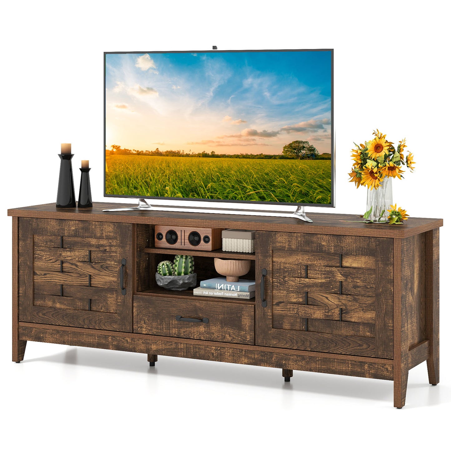 Farmhouse TV Stand for 65 Inch TVs with 2 Woven Accent Doors and 3 Adjustable Shelves, Rustic Brown