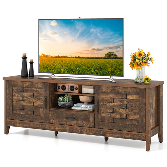Farmhouse TV Stand for 65 Inch TVs with 2 Woven Accent Doors and 3 Adjustable Shelves, Rustic Brown
